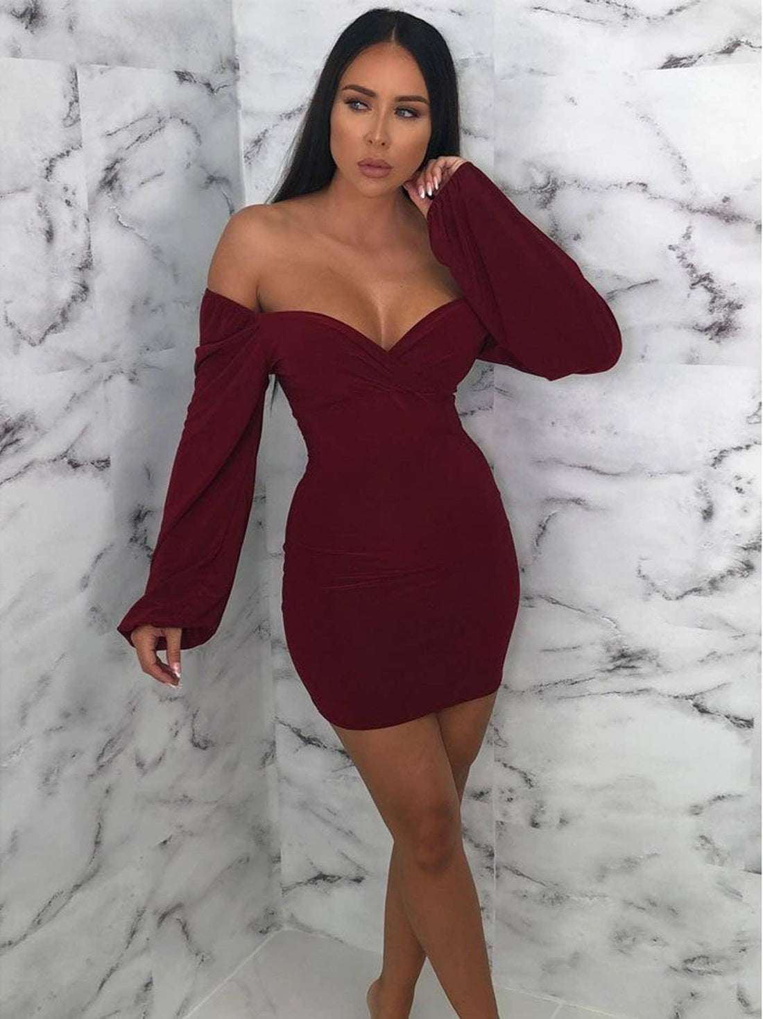 Wine Slinky Balloon Sleeve Bardot Mini Dress - Meghan - Rutzela Luxuries