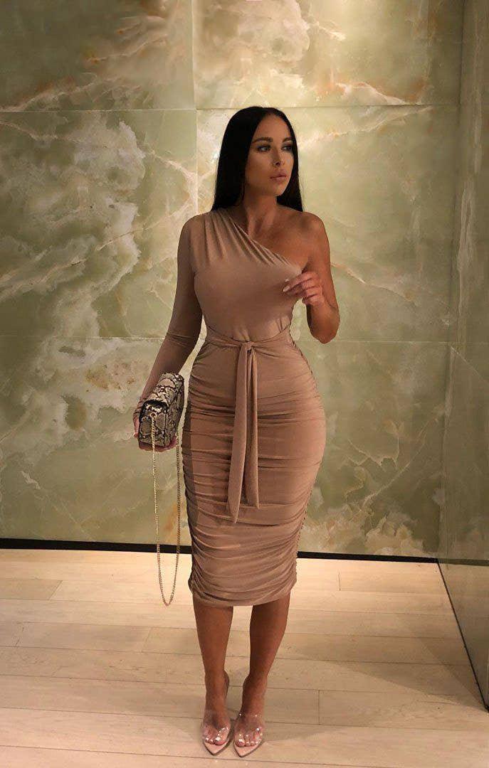Beige One Shoulder Ruched Slinky Midi Dress - Savannah - Rutzela Luxuries