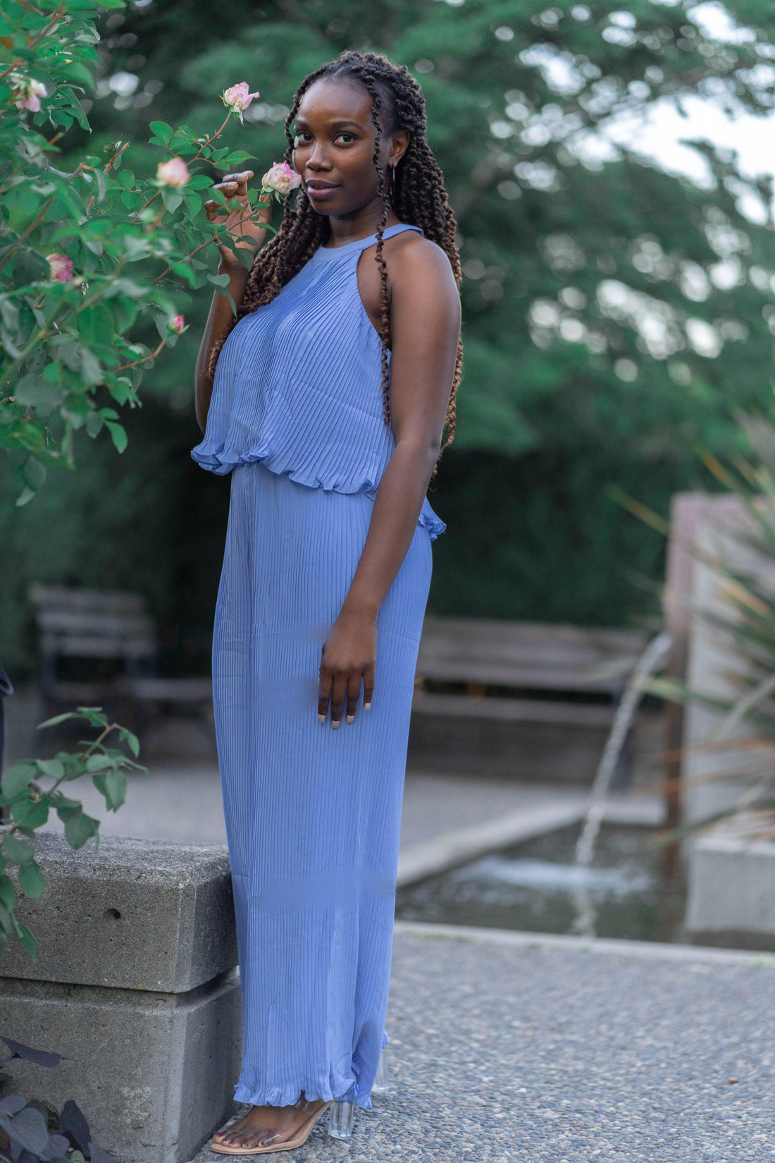 Two Piece Set Halter Neck Top & Wide Leg Pant in Blue - Rutzela Luxuries