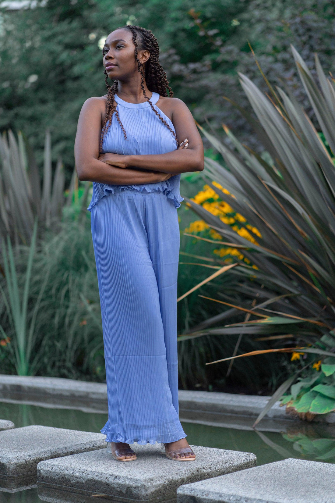 Two Piece Set Halter Neck Top & Wide Leg Pant in Blue - Rutzela Luxuries