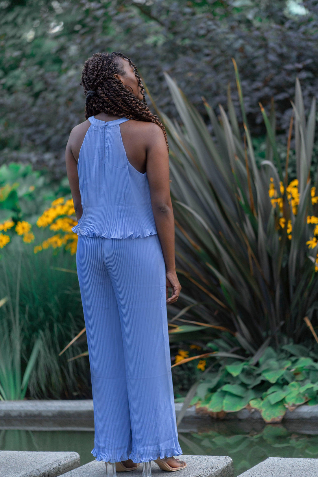 Two Piece Set Halter Neck Top & Wide Leg Pant in Blue - Rutzela Luxuries