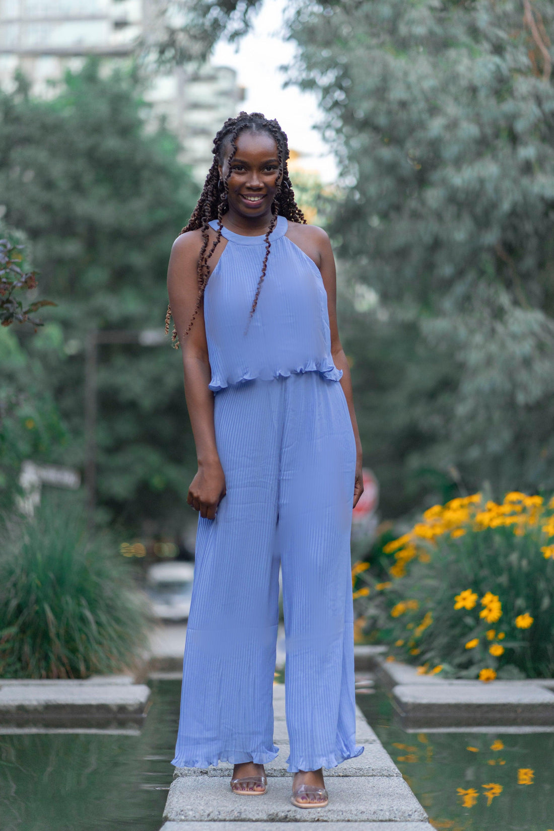Two Piece Set Halter Neck Top & Wide Leg Pant in Blue - Rutzela Luxuries