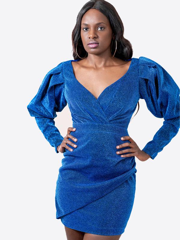 Blue Puffy Sleeve Dress - Rutzela Luxuries