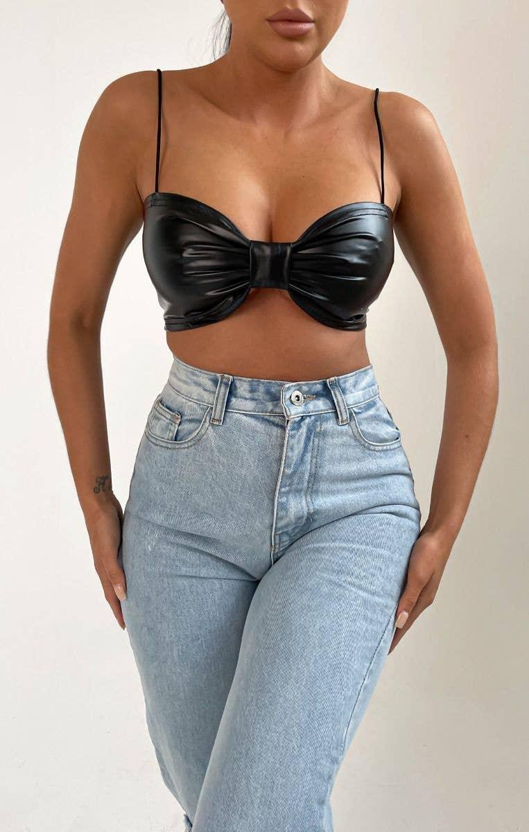 Black Strappy Knot Detail PU Faux Leather Crop Top - Leilani - Rutzela Luxuries