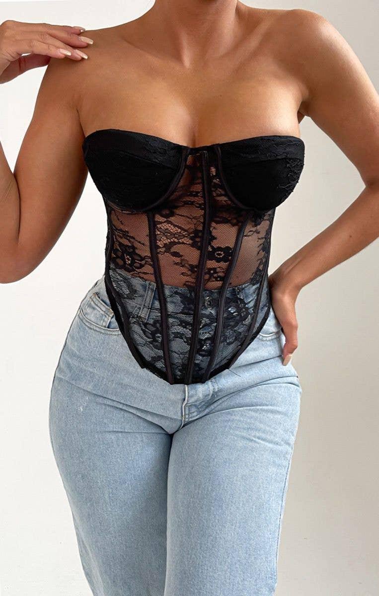 Black Strapless Lace Corset Style Top - Rey - Rutzela Luxuries